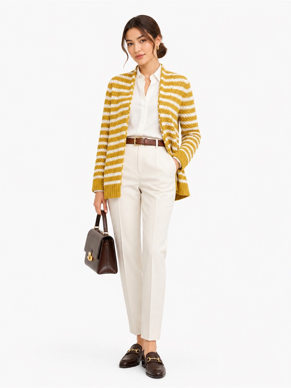 Banana Republic Mustard Yellow and White Striped Open-Front Cardigan